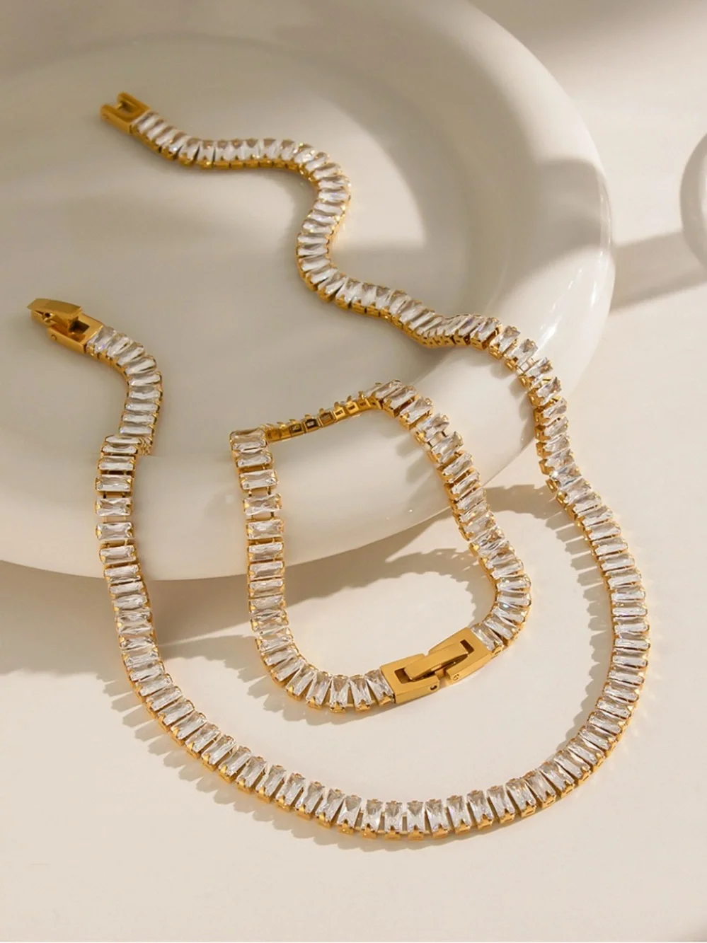 Gold-Plated Clear Crystal Tennis Necklace and Bracelet Set
